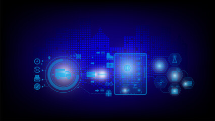 Communication and networking in a digital society. Night background. Future city or smart city concept. Night city social digital life. Abstract digital high-tech city design for the banner background