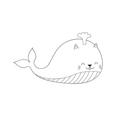 Cute funny cat whale swimming in ocean cartoon character illustration. Hand drawn kawaii style design, line art, isolated vector. Black and white coloring pages. Kids print element, sea animals