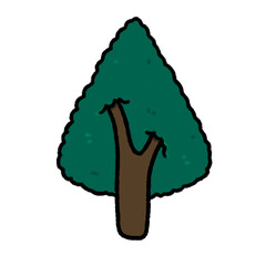Hand-drawn Cute dark green triangle tree, forest, campfire, object, Camping character design in doodle style