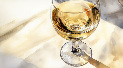 A watercolor glass of crisp white wine, with its pale golden color and a stem that curves elegantly, on a white napkin Generative AI