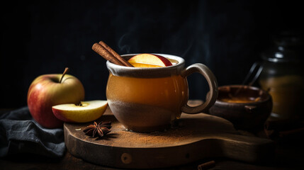 Obraz na płótnie Canvas A warm, comforting mug of spiced apple cider, with a cinnamon stick and a dusting of nutmeg on top Generative AI
