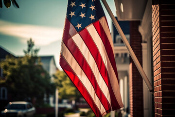 The 4th of July celebration Independence Day of USA. USA flag hangs on the flagpole of a modern typical american house. Dramatic light, backlit. AI generative - obrazy, fototapety, plakaty