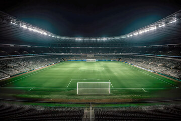 Fototapeta na wymiar Empty football stadium at night with lights and grass. Side view. Generative AI