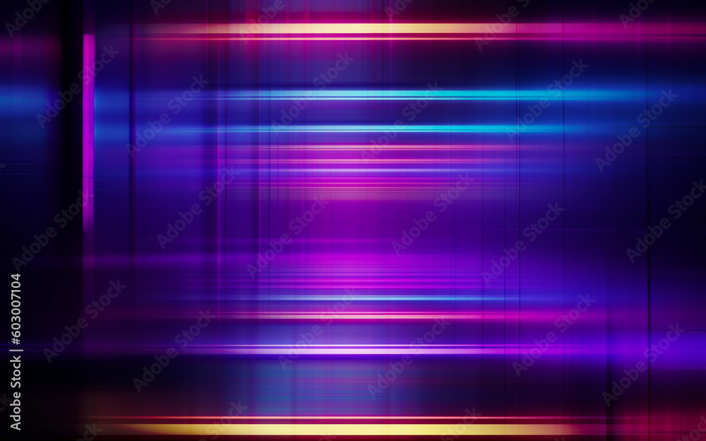 Poster Neon multicolored geometric shapes on a dark background. Bright, abstract, futuristic background.
