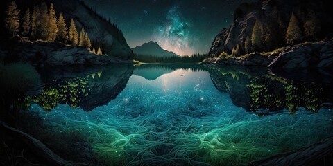 Landscape Bioluminescence glowing plankton in water fantasy. Glorious Generative AI. - obrazy, fototapety, plakaty