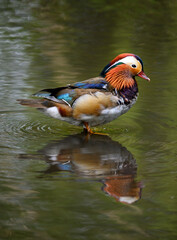 Male mandarin duck standing in a lake in Kent, UK. Duck facing right with reflection. Mandarin duck...