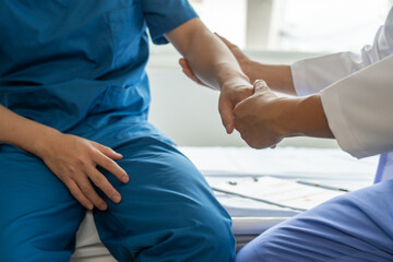 Obraz premium Patient meet doctor or psychologist consulting about fertility treatment for infertility, or psychotherapy session concept, prostate cancer awareness