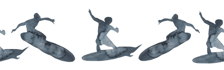 Surf man decorative elements border man riding on surfboard over waves isolated silhouette blue illustration on white background.