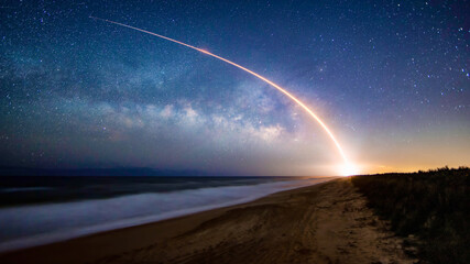 Milky Way behind a Rocket Launch from the Beach