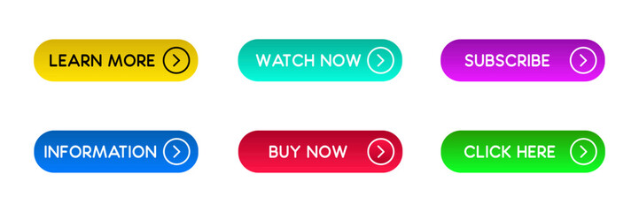 Modern buttons set for website. Different colorful web icons. Watch now, Learn more, Buy now, Click here
