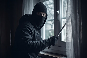 Skillful professional masked burglar opening a window. Unrecognizable person in black hoodie and mask. Criminal issues concept. Generative AI - obrazy, fototapety, plakaty