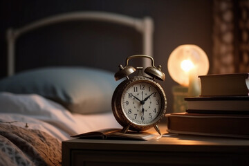 A classic retro alarm clock on a vintage nightstand. generative AI