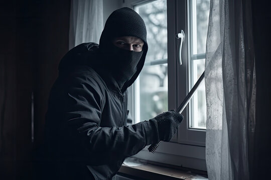 Skillful professional masked burglar opening a window. Unrecognizable person in black hoodie and mask. Criminal issues concept. Generative AI