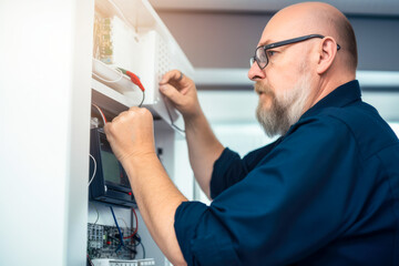 Consultant fitting burglar alarm in room. safety and criminal issues concept. Generative AI