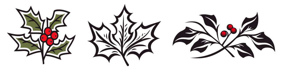 Christmas vector plants set. Holly berry, christmas tree, pine, leaves branches. Vector illustration