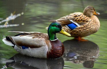 Male and female mallard ducks standing in a lake in Kent, UK. Focus on the foreground mallard...