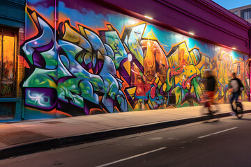A colorful graffiti mural in an urban alley, Long-exposure photography. generative AI