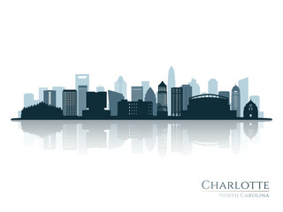 Charlotte skyline silhouette with reflection. Landscape Charlotte, North Carolina. Vector illustration.
