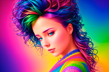Fototapeta premium Portrait of a beautiful young woman with rainbow hair on a multicolored background. Beauty, fashion. Generative AI