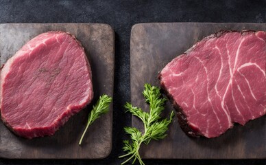 Raw steak on a slate. Two raw steaks on a dark shale background. generative ai. Slice of meat with salt, pepper and herbs, generative ai
