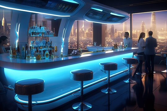 bar at night on a futuristic coty