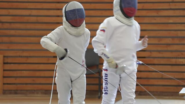 Russia St. Petersburg 01/05/2023 children are engaged in fencing school