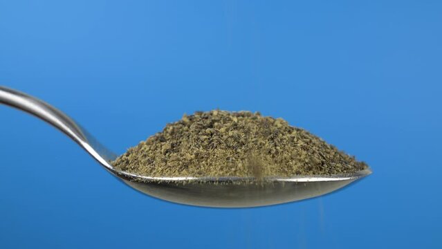 Ground black pepper. Freshly milled peppercorns on a spoon. Close-up view on a blue background