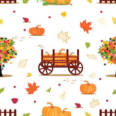 Happy Thanksgiving seamless pattern with orange pumpkins, falling leaves and vintage wheelbarrow. Vector autumn background for textile, wrapping paper or wallpaper.