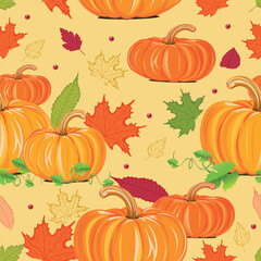 Happy Thanksgiving Day seamless pattern with orange pumpkins and falling leaves. Vector autumn background for textile, wrapping paper or wallpaper.