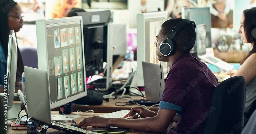 Poster photography editing scroll, computer app of black man working with headphones in a office. photo edi