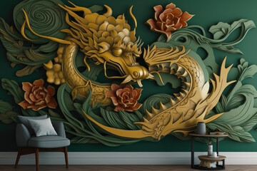 Obraz premium Happy Chinese New Year 2024 Dragon Zodiac Paper Cut Style Dragon with Flowers,wall art, wallpaper. Generative Ai