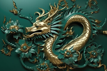 Obraz premium Happy Chinese New Year 2024 Dragon Zodiac Paper Cut Style Dragon with Flowers,wall art, wallpaper. Generative Ai