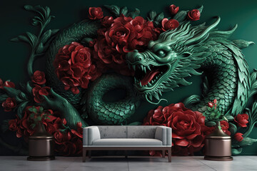 Obraz premium New 2024 Year Dragon Zodiac Paper Cut Style Green Dragon with Red Flowers. Generative AI
