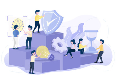 Business idea concept. Business people on platform discussing prevention, management, planning, thinking, brainstorming, improvement and development. To achieve success. Vector illustration.