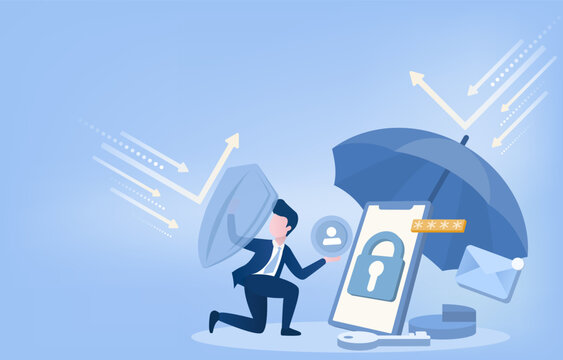 Protector holding a shield and sits in front of an umbrella reflecting arrows. Concept of protecting access to private data with a strong password. Flat vector illustration.