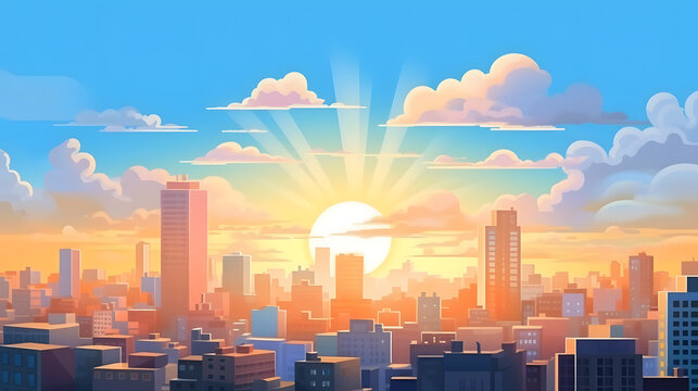 Cartoon sunny day in the city, background. Generative AI