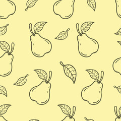 Hand drawn line art fruits seamless pattern pear and leaves