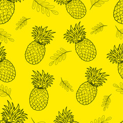 Hand drawn line art fruits seamless pattern pineapple and leaves