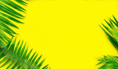 Flat-lay of green palm branches over yellow background, top view, copy space, wide composition. Summer vacation, travel or fashion concept  (Generative AI)