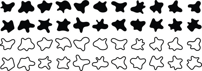 Abstract liquid black Organic amoeba blob shapes set. Fluid liquid irregular blob shape abstract elements drops with outline circle graphic flat style
