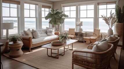 Interior design of Living Room in Coastal style with Large windows with ocean view decorated with Woven rattan chairs, jute rug material. Coastal architecture. Generative AI AIG24. - obrazy, fototapety, plakaty