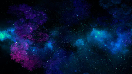 Abstract space illustration of blue and pink clouds and fractal stars on black background. Used for design and creativity, for screensavers.