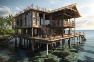 A modern design of coastal Indonesian stilt house. generative AI