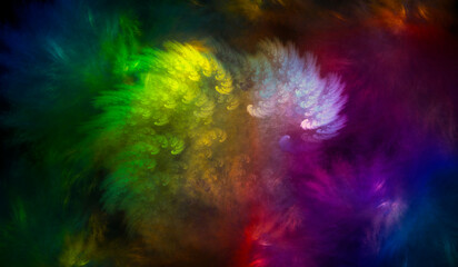 Fototapeta na wymiar Abstract fractal background with cosmic glow. Colors of rainbow. Horizontal banner. Used for design and creativity, for screensavers.