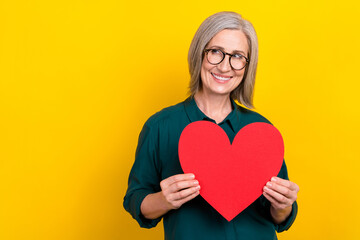 Photo of attractive positive lady hands hold heart card look empty space isolated on yellow color background