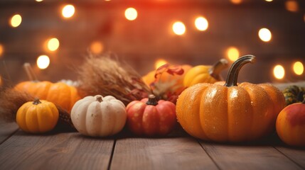 Pumpkins Apples and Corn on Rustic Harvest Table Background, Generative Ai