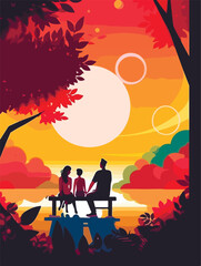 Happy family walking in park. Poster in retro style. Vector illustration