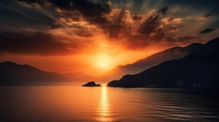 Majestic Sunrise Over Mountains and Sea - A Spectacular Nature Scene. Generative AI