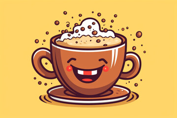 A playful coffee cup design with a cartoonish illustration of a smiling coffee cup character, surrounded by floating coffee beans and a cheerful polka dot background Generative AI
