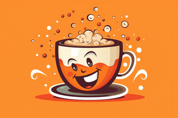 A playful coffee cup design with a cartoonish illustration of a smiling coffee cup character, surrounded by floating coffee beans and a cheerful polka dot background Generative AI